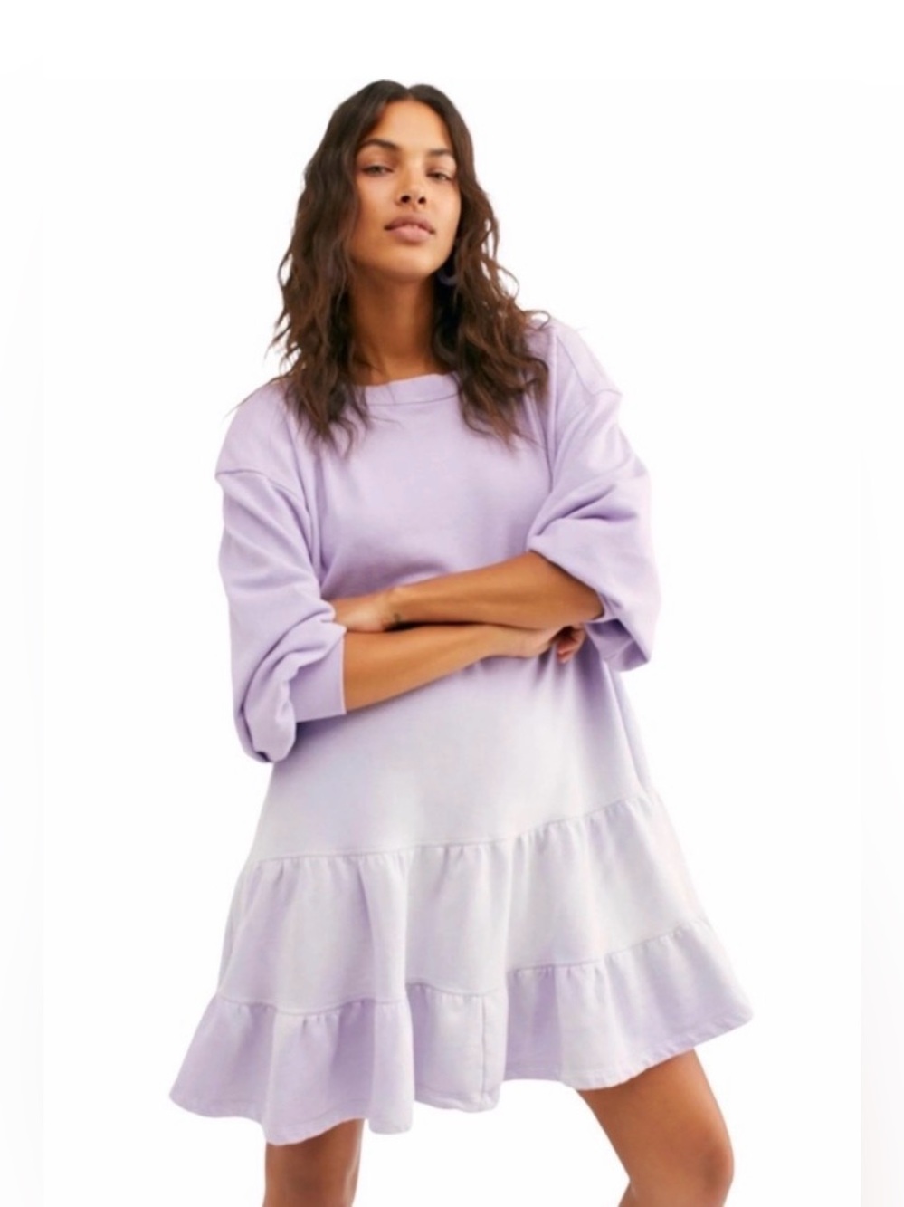 Free People We The Free Sunny Side Mini Dress Lilac XS Tiered Sweatshirt Dress